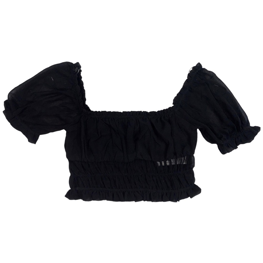 F21 Black Sheer Off the Shoulder Smocked Peasant Crop Top